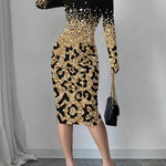 Bodycon Long Sleeves Contrast Color Leopard Shiny Split-Joint Round-Neck Midi Dresses