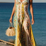 Sweet Garden Linen Blend Color Block Floral Paneled Maxi Dress