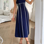 A-Line High Waisted Contrast Color Zipper Spaghetti-Neck Midi Dresses