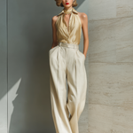 Women's Champagne Satin Sleeveless Blouse & Beige Cotton And Linen Blend High-Waisted Pants Set