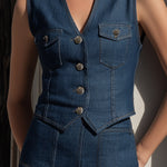 Sleeveless Denim-Effect Tailored Vest & Mini Skirt Two-Piece Set