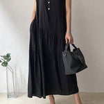 A-Line Loose Buttoned Pleated Ruffled Solid Color Split-Joint Tiered Stand Collar Midi Dresses