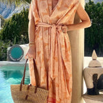Fashion Conch Print V-Neck Lace-Up Beach Midi Dress