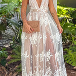 White and Beige Cross Back Floral Tulle Maxi Dress
