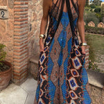 Unique Printed Suspender Pocket Full Hem Loose Holiday Maxi Dress