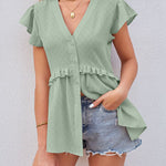 Hollow jacquard waist lace ruffle sleeve shirt