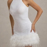 Dazzling and Playful Sequin High Neck Feather Trim Stretch Mini Dress
