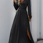 A-Line High Waisted Pleated Solid Color Split-Side V-Neck Maxi Dresses