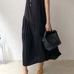 A-Line Loose Buttoned Pleated Ruffled Solid Color Split-Joint Tiered Stand Collar Midi Dresses