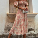 Pitaya Unique Print Off Shoulder Smocked Ruffle Sleeve Layered Midi Dress