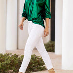 Loose Three-Quarter Sleeves Shiny Solid Color High-Neck Blouses&Shirts Tops