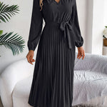 High Waisted Long Sleeves Belted Buttoned Pleated Solid Color V-Neck Maxi Dresses