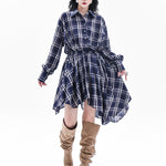 High-Low Irregularity Elasticity Plaid Lapel Collar Midi Dresses