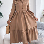 High Waisted Long Sleeves Pleated Ruffled Solid Color Lapel Midi Dresses Shirt Dress