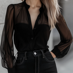 Chic Crew Neck Sheer Sleeves Button Down Shirt