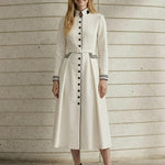 A-Line Elasticated Waist Belted Buttoned Contrast Color Line Split-Joint Stand Collar Maxi Dresses