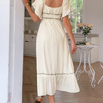 A-Line High Waisted Pleated Ruffle Trim Split-Joint Zipper Square-Neck Midi Dresses