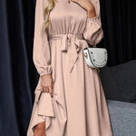 Loose Puff Sleeves Elasticity Pleated Solid Color Split-Joint Tied Waist Round-Neck Midi Dresses