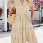 Loose Ruffle Sleeves Pleated Pockets Solid Color Split-Joint V-Neck Midi Dresses