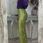 Glitzy Glamour Sequin High Rise Elastic Waist Wide Leg Pants