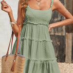 A-Line Loose Jacquard Layered Pleated Solid Color Split-Joint Spaghetti-Neck Mini Dresses