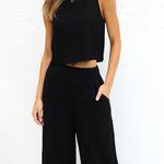 Khiara Basic Button Crop Top and Pocketed Pants Set