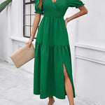 A-Line High Waisted Elasticity Pleated Solid Color Split-Joint V-Neck Midi Dresses