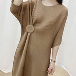 Half Sleeves Irregular Clipping Pleated Solid Color Round-Neck Midi Dresses