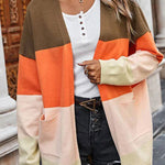 Contrasting rainbow paneled striped long cardigan sweater with pockets