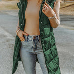 Hooded Pocketed Quilted Long Vest Coat