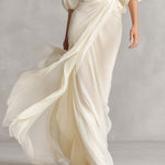 Women's Ivory Sheer Chiffon Dress With Puff Sleeves & Wrap Detail, Timeless Romantic-Luxe Style Dress
