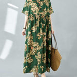 Half Sleeves Loose Flower Print Pleated Pockets Round-neck Midi Dresses