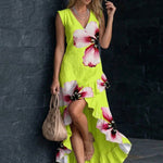 High Waisted High-Low Contrast Color Flower Print Pleated Ruffled Split-Joint V-Neck Maxi Dresses