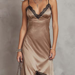 Vintage Contrast Lace Trim Irregular Hem Polyester Satin Midi Dress