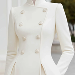 A-Line High Waisted Buttoned Pleated Pockets Solid Color Stand Collar Midi Dresses Overcoat