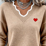 Women'S Casual V-Neck Long-Sleeved Top With A Heart Design.