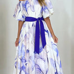 Floral Print Elegant Puff Sleeve Tie-Waist Midi Dress