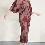Batwing Sleeves Loose Pleated Printed V-Neck Midi Dresses