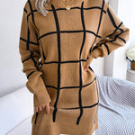 Elasticated Waist Long Sleeves Belted Contrast Color Plaid Round-Neck Mini Dresses Sweater Dresses
