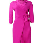 Three-Quarter Sleeves Pleated Solid Color Split-Front Tied Waist V-Neck Mini Dresses