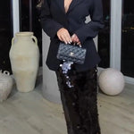 Chic Holiday Look Large Sequins High Rise Zipper Waist Slit Maxi Skirt
