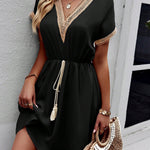 A-Line Elasticated Waist Contrast Color Drawstring Hollow Split-Joint Tasseled Tied V-Neck Mini Dresses