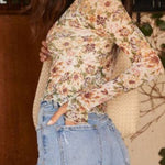 High-neck floral sheer long-sleeved base layer top