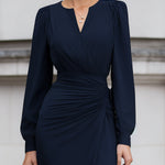 Navy V-Neck Ruched Wrap Midi Dress With Bishop Sleeves