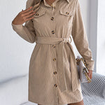 Elasticated Waist Long Sleeves Belted Buttoned Single-Breasted Solid Color Lapel Collar Mini Dresses Shirt Dress