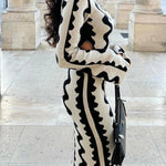 High Waisted Long Sleeves Hollow Printed Round-Neck Maxi Dresses