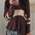 Fashionable Patchwork V-neck Long-sleeved Knitted Sweater