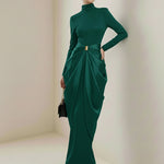 Long Sleeves Buckle Draped High-Neck Evening Dresses Maxi Dresses
