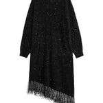 Irregularity Long Sleeves Contrast Color Sequined Shiny Split-Joint Tasseled V-Neck Midi Dresses Sweater Dresses
