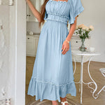A-Line High Waisted Pleated Ruffle Trim Split-Joint Zipper Square-Neck Midi Dresses